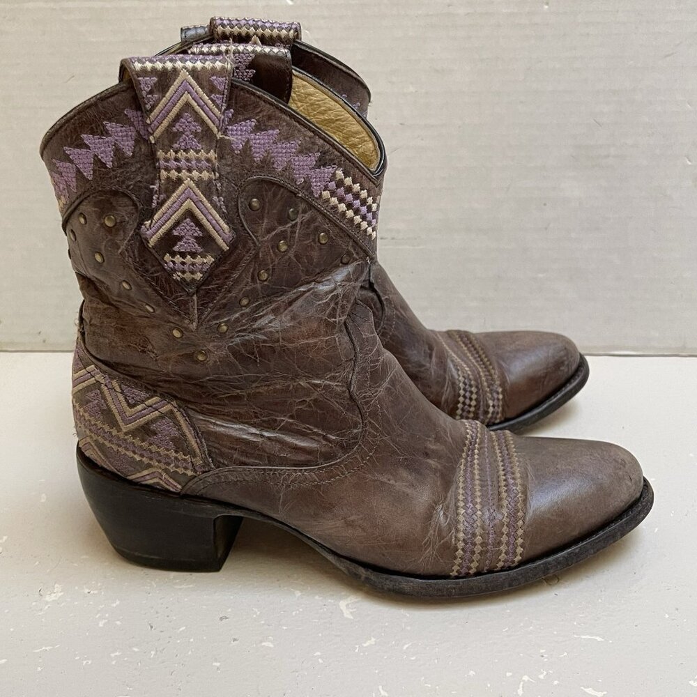 Old Gringo Brown Leather Embroidered Ankle Boots Western Women 7 Boho Purple